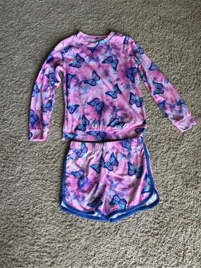 Kids Pink Butterfly Pajama Set - Long Sleeve Top & Shorts medium 7/8